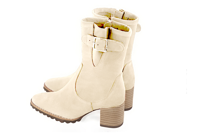 Champagne beige women's ankle boots with buckles on the sides. Round toe. Medium block heels. Rear view - Florence KOOIJMAN
